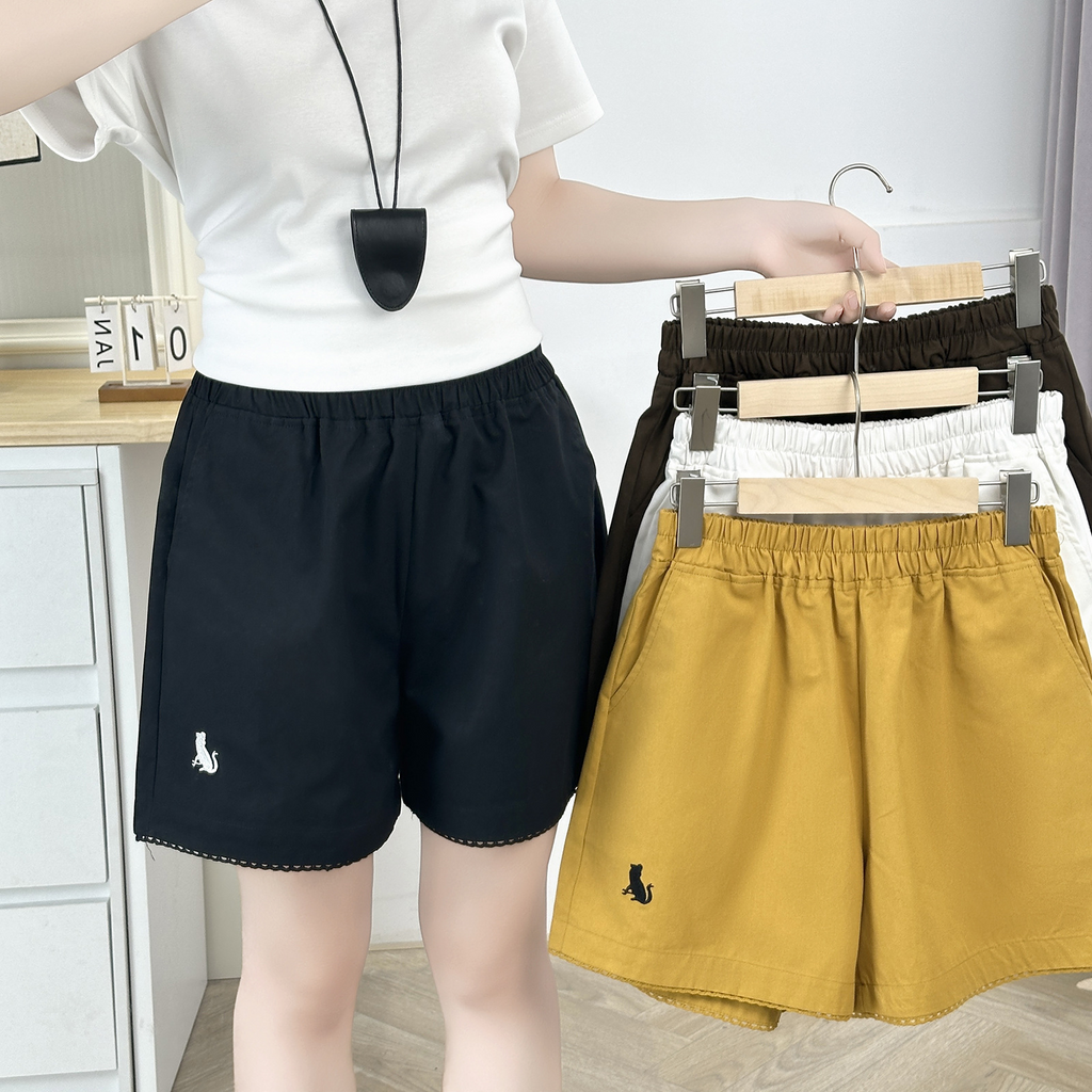 Plus Size Stretchband Cat Embroidery Shorts
