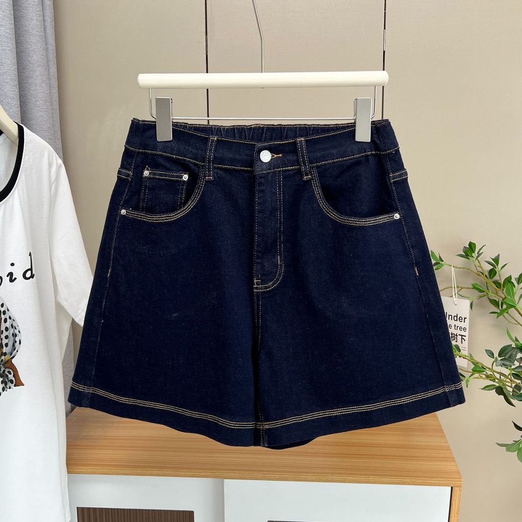 Plus Size Stretchy Waist Dark Blue Denim Shorts