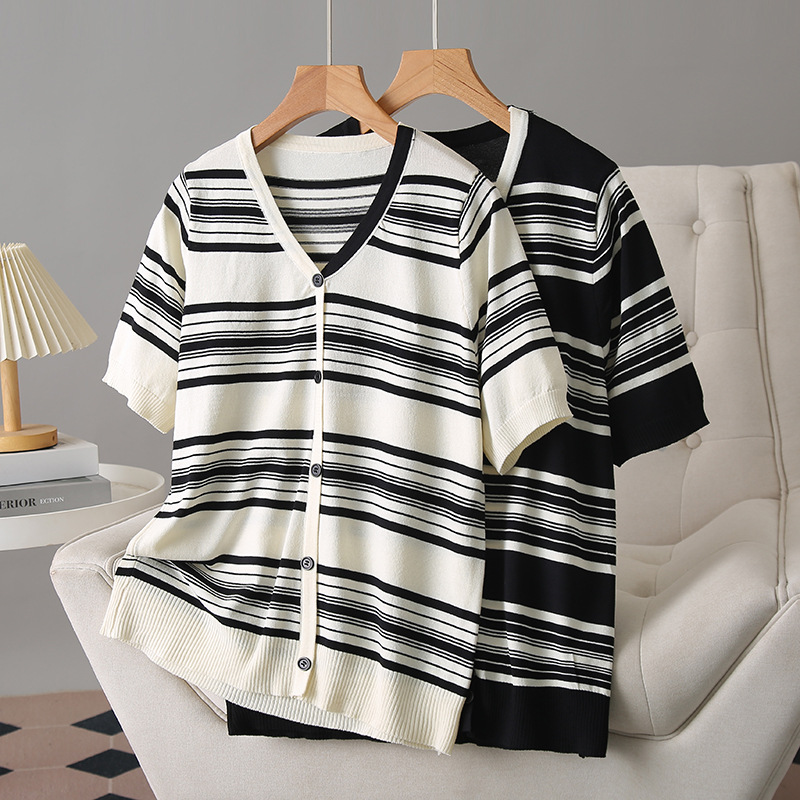 Plus Size Stripes Button V Neck Knit Top