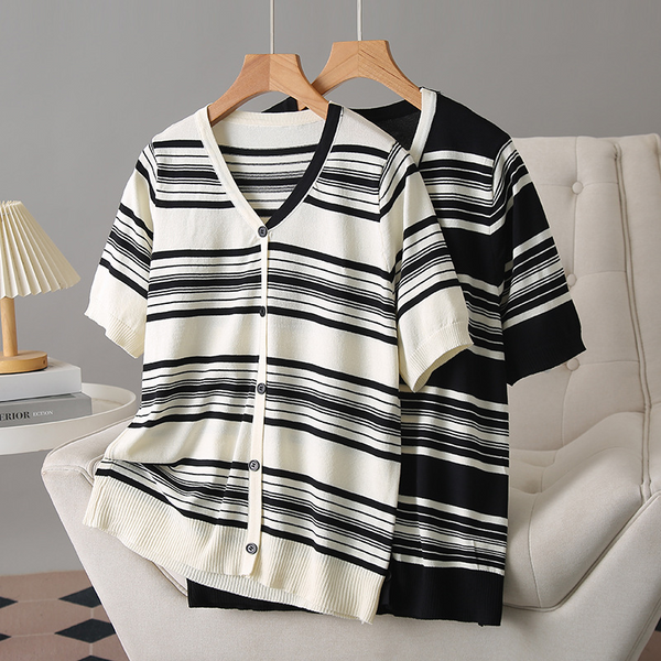 Plus Size Stripes Button V Neck Knit Top