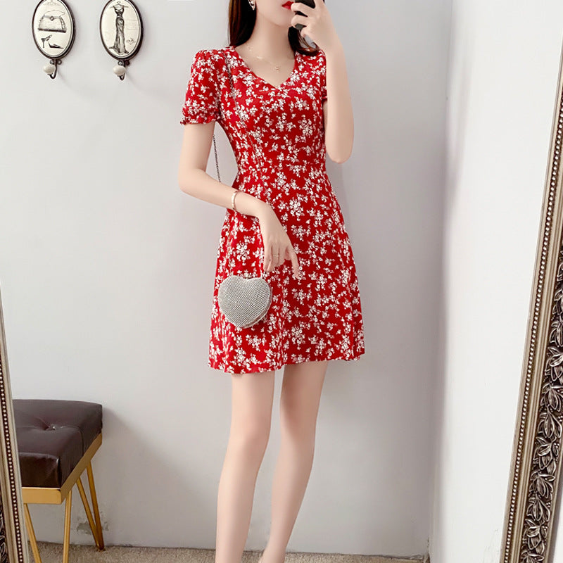 Plus Size Korean V Neck Floral Short Sleeve Dress