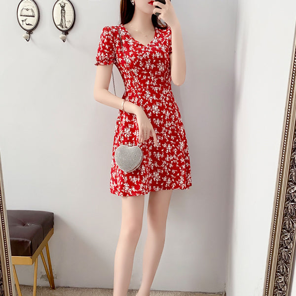 Plus Size Korean V Neck Floral Short Sleeve Dress
