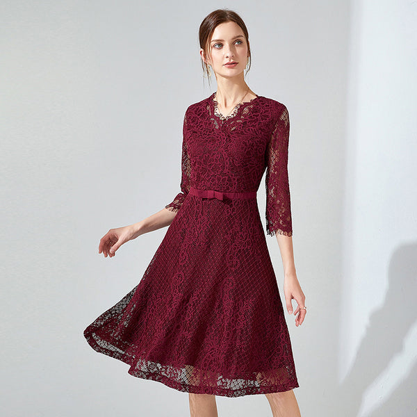 Plus Size Dark Red Eyelash Lace ¾ Sleeve A Line Formal Dress