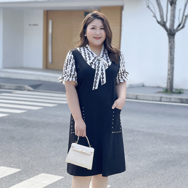 Plus Size Chanelesque Pussybow Short Sleeve Dress (EXTRA BIG SIZE)