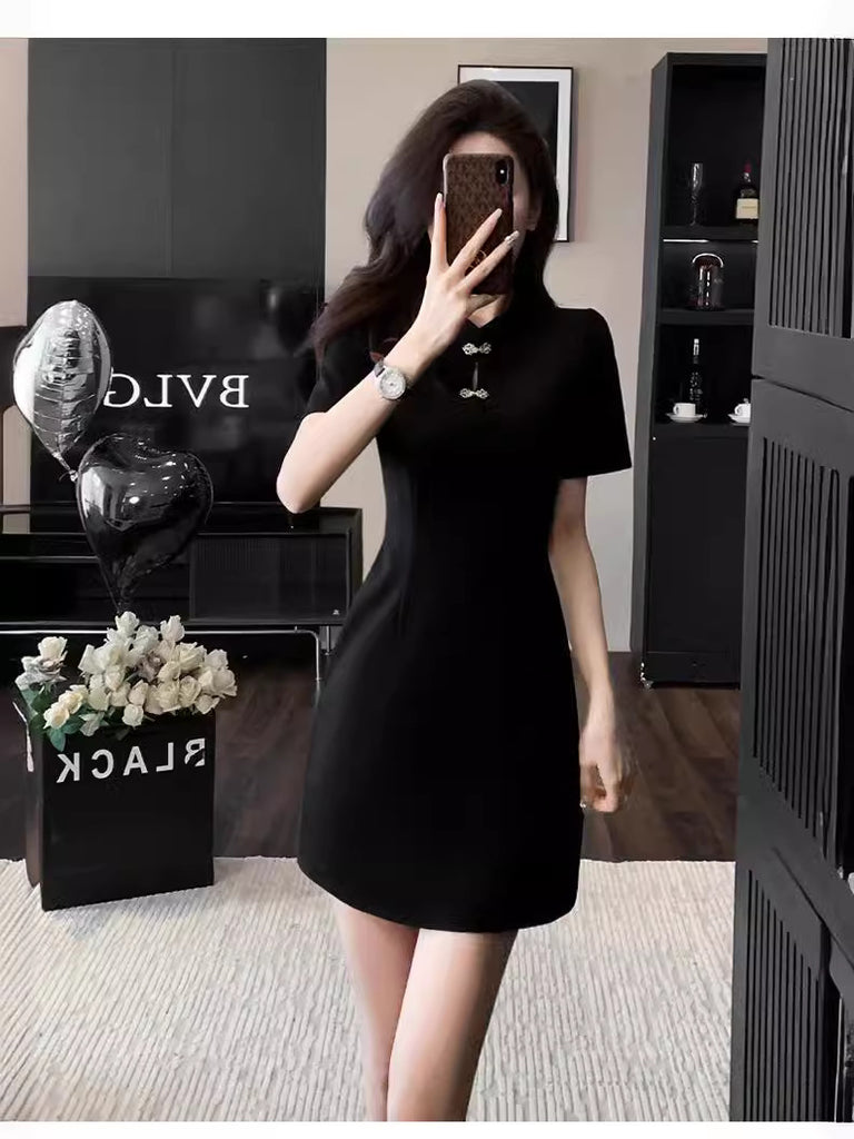 Plus Size Black Short Sleeve Modern Qipao Dress