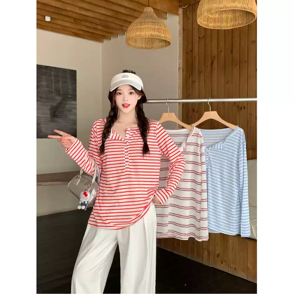 Plus Size Summer Stripes Henley Long Sleeve Tee