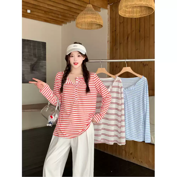 Plus Size Summer Stripes Henley Long Sleeve Tee