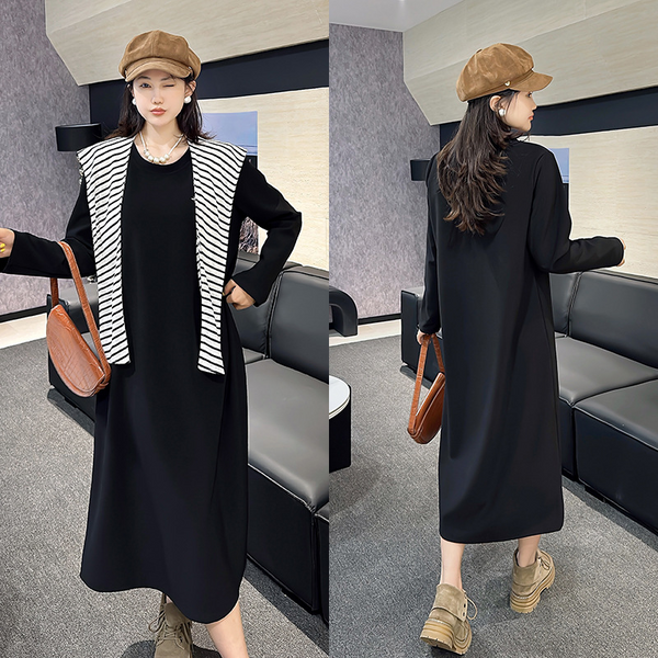 Plus Size Sweater Dress And Stripe Pullover Set (Extra Big Size)