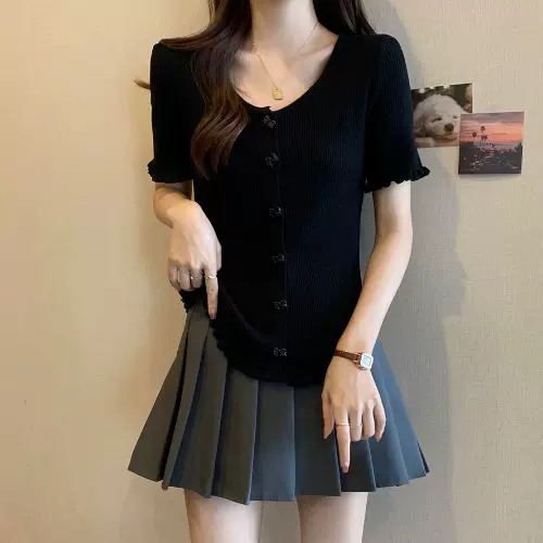 Plus Size Sweet Knit Ribbon Buttons Short Sleeve Top