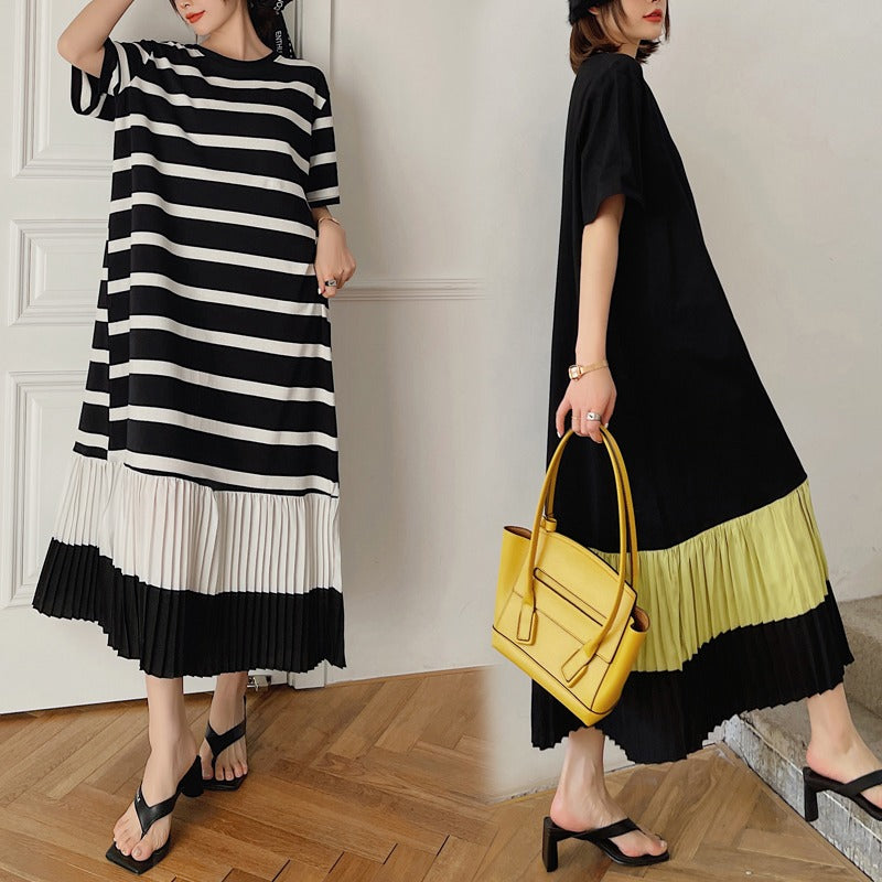 Plus Size Stripes Colourblock Korean Midi T Shirt Dress