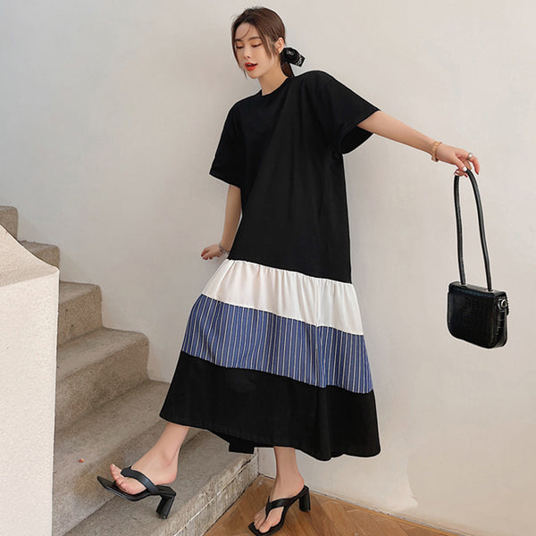 Plus Size Stripes Long Colourblock Korean Midi T Shirt Dress