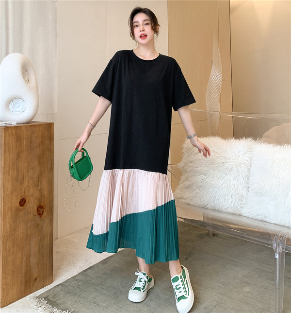 Plus Size Slant Pleat Colourblock Korean Midi T Shirt Dress