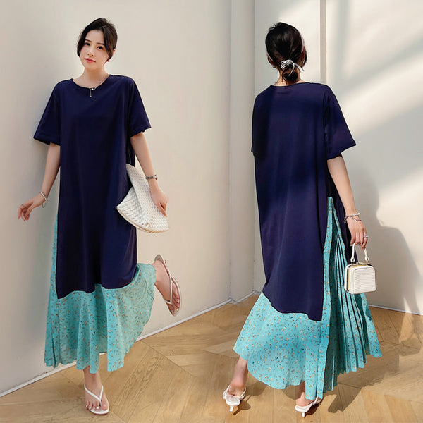 Plus Size Floral Colourblock Korean Midi Dress