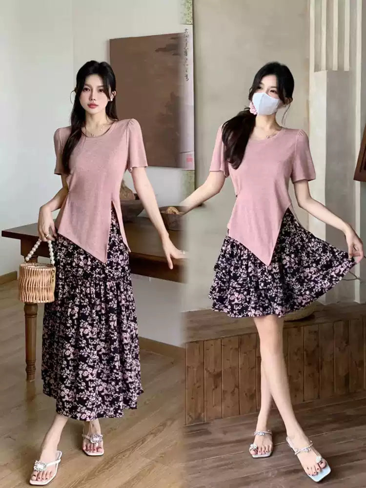 Plus Size Short Sleeve T Shirt and Floral Skirt Outfit Set