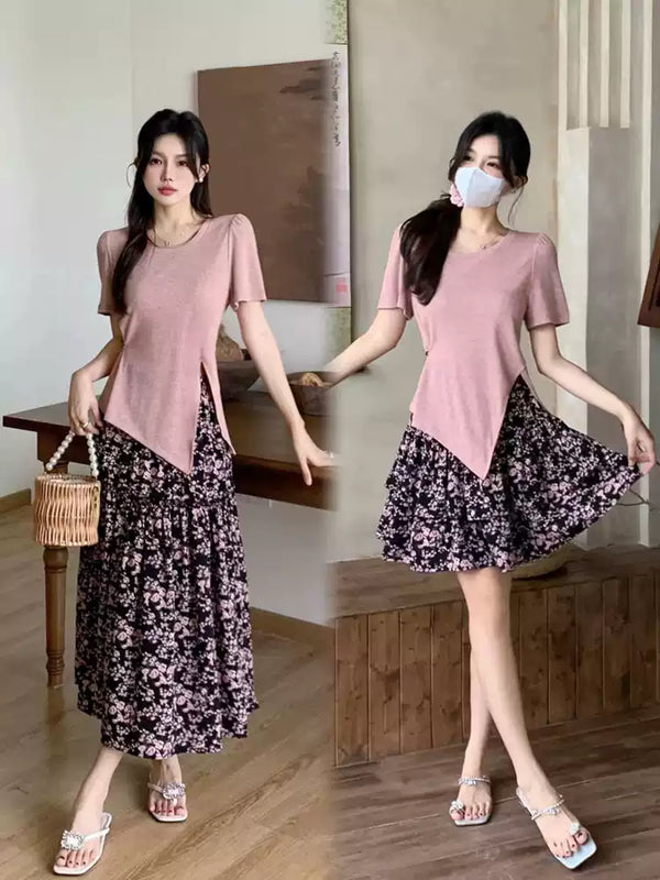 Plus Size Short Sleeve T Shirt and Floral Skirt Outfit Set