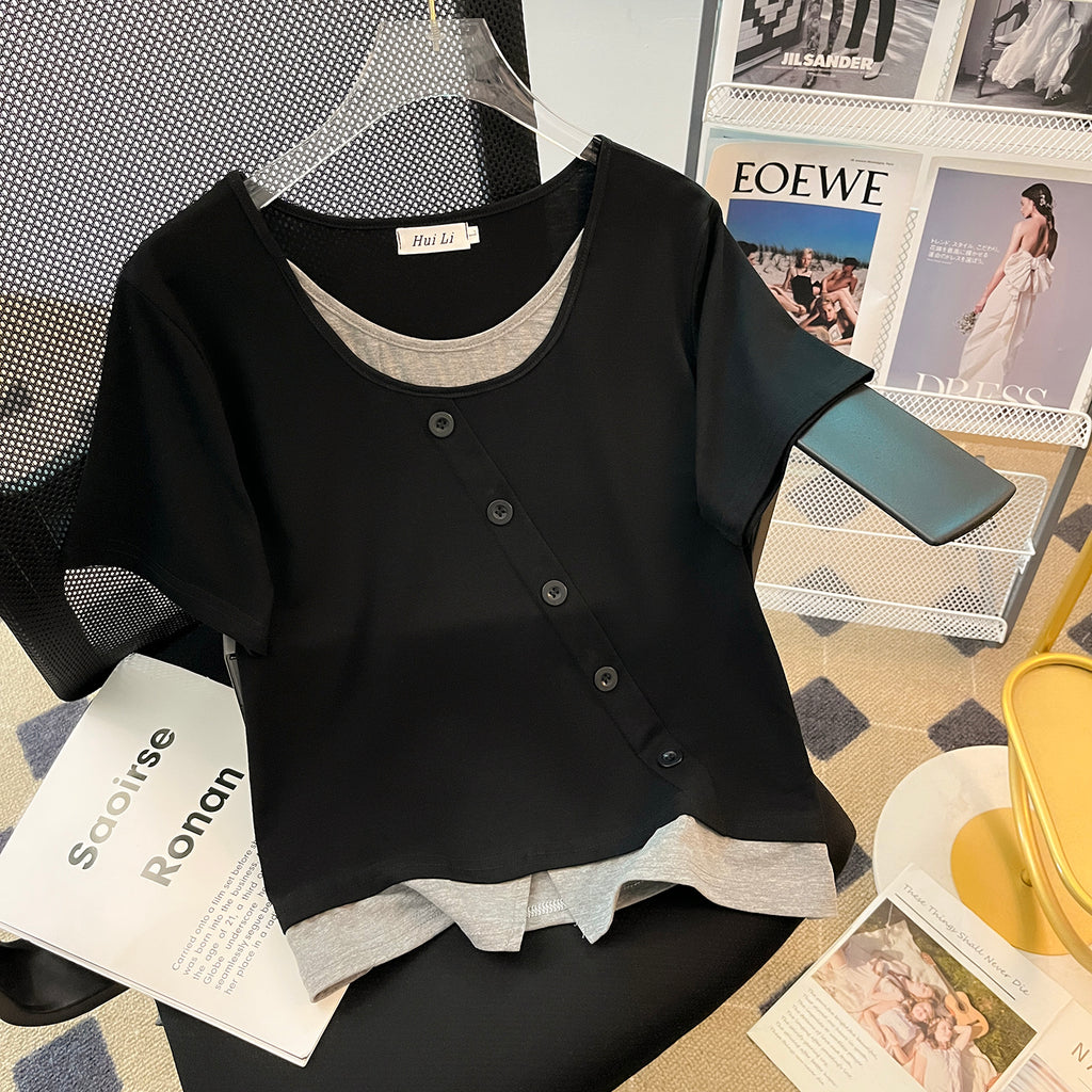 Plus Size Henley Buttons Layer Tee