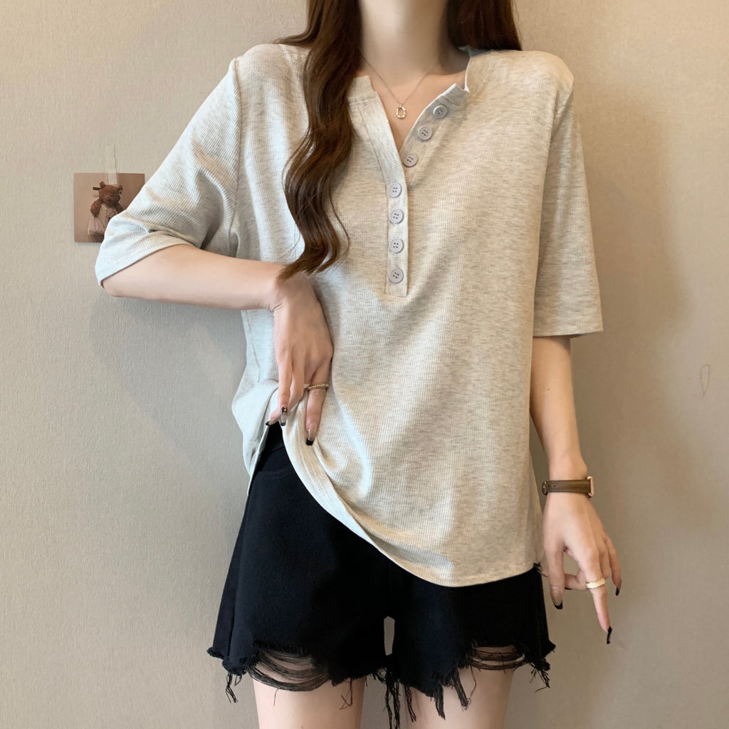 Plus Size Knit Ribbed Henley Tee