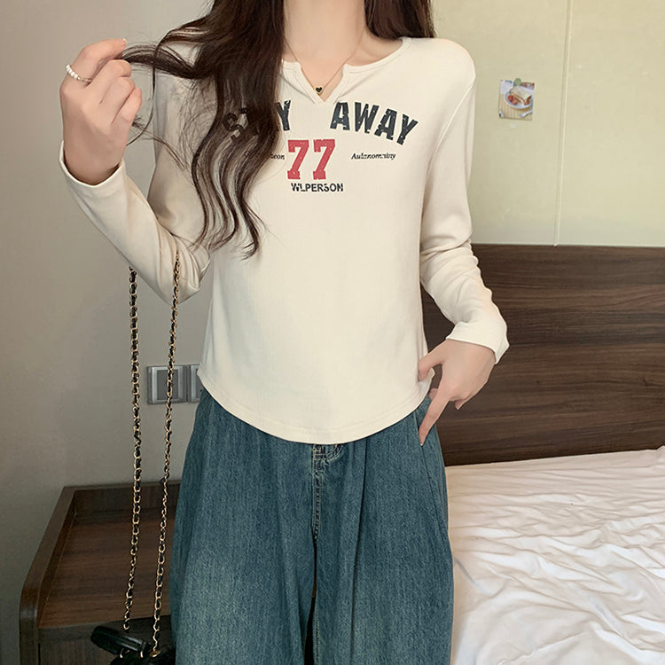 Plus Size Notch Neck Graphic Long Sleeve Tee