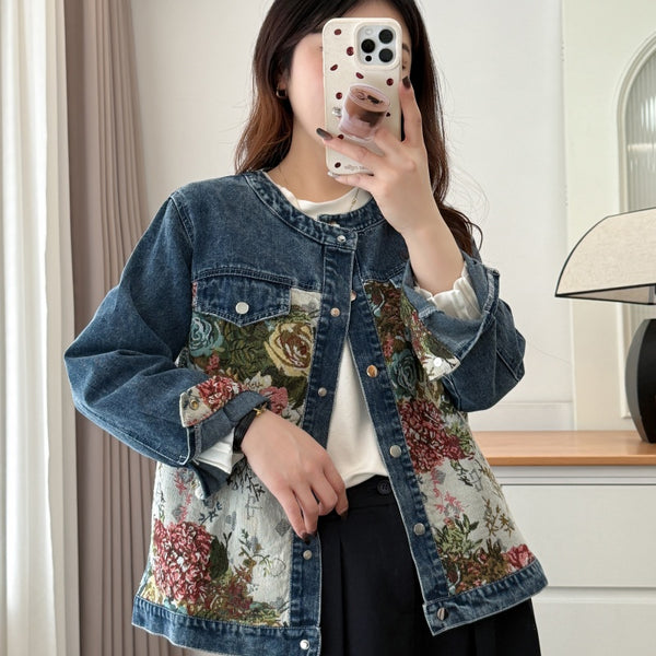 Plus size tapestry vintage denim jacket