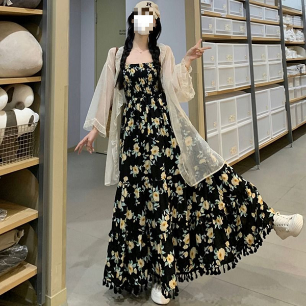 Plus Size Tassel Floral Holiday Dress And Cardigan