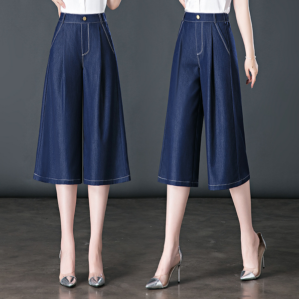 Plus Size Tencel Denim Knee Length Wide Leg Pants