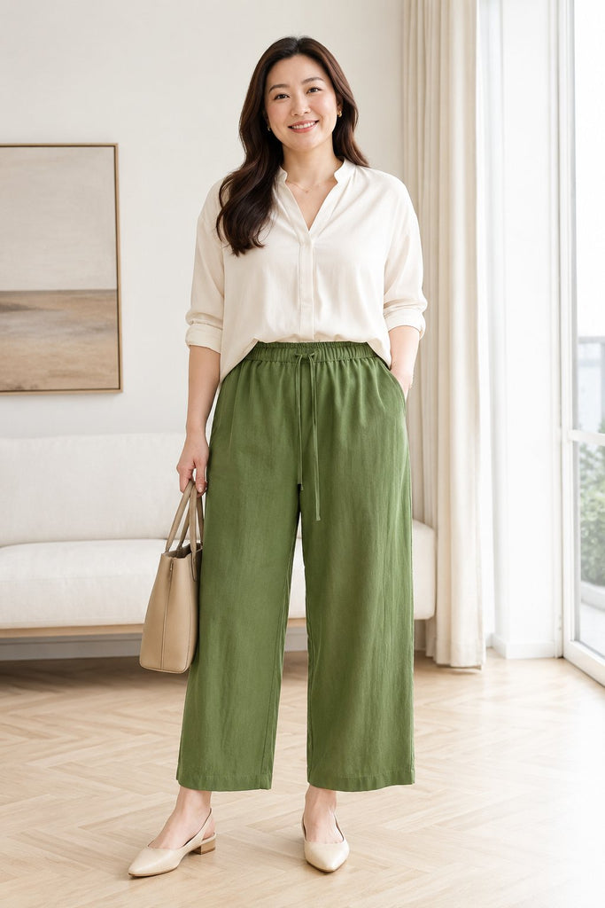 Plus size tencel linen straight leg drawstring ankle pants in green