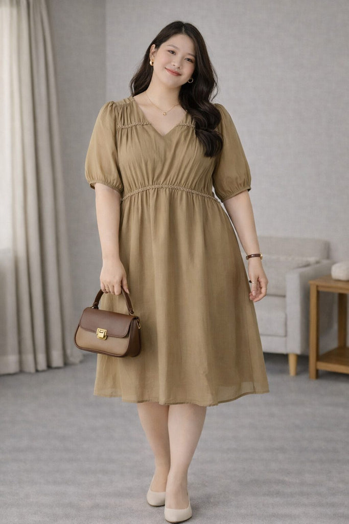 plus size khaki tencel babydoll dress v neck front view