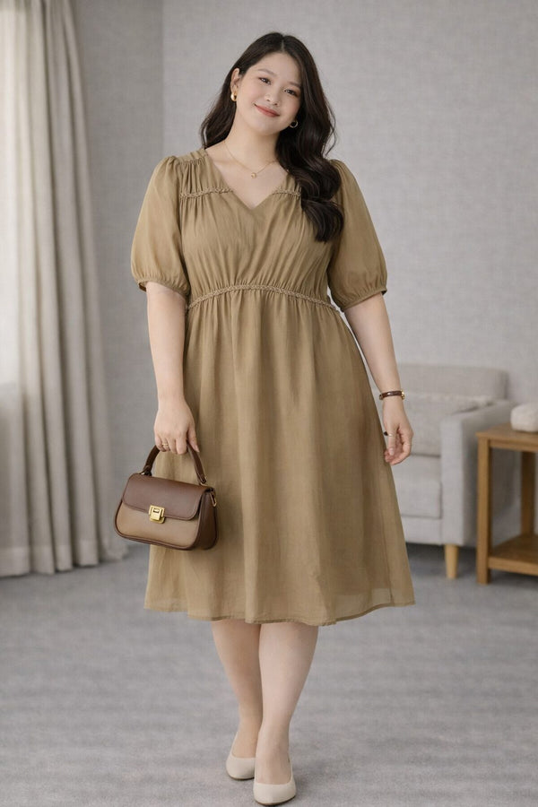 plus size khaki tencel babydoll dress v neck front view