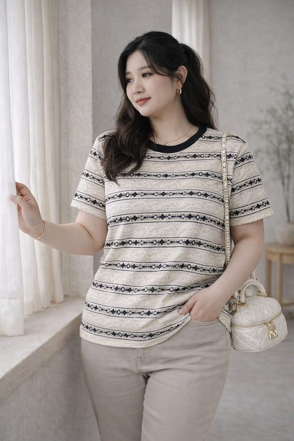 plus size beige textured stripe t shirt ringer neckline front view