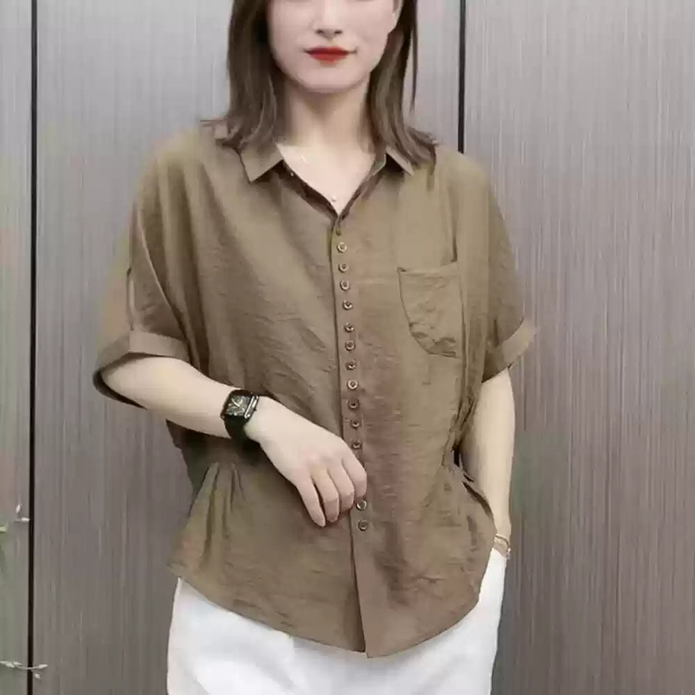 Plus Size Buttons Batwing Short Sleeve Shirt