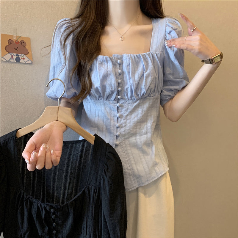 Plus Size Square Neck Fitted Short Sleeve Blouse