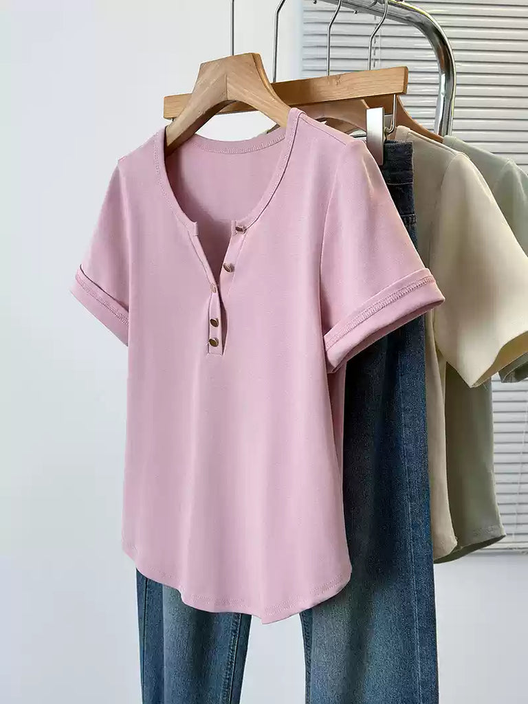 Plus Size Heart Buttons Notch Neck T Shirt