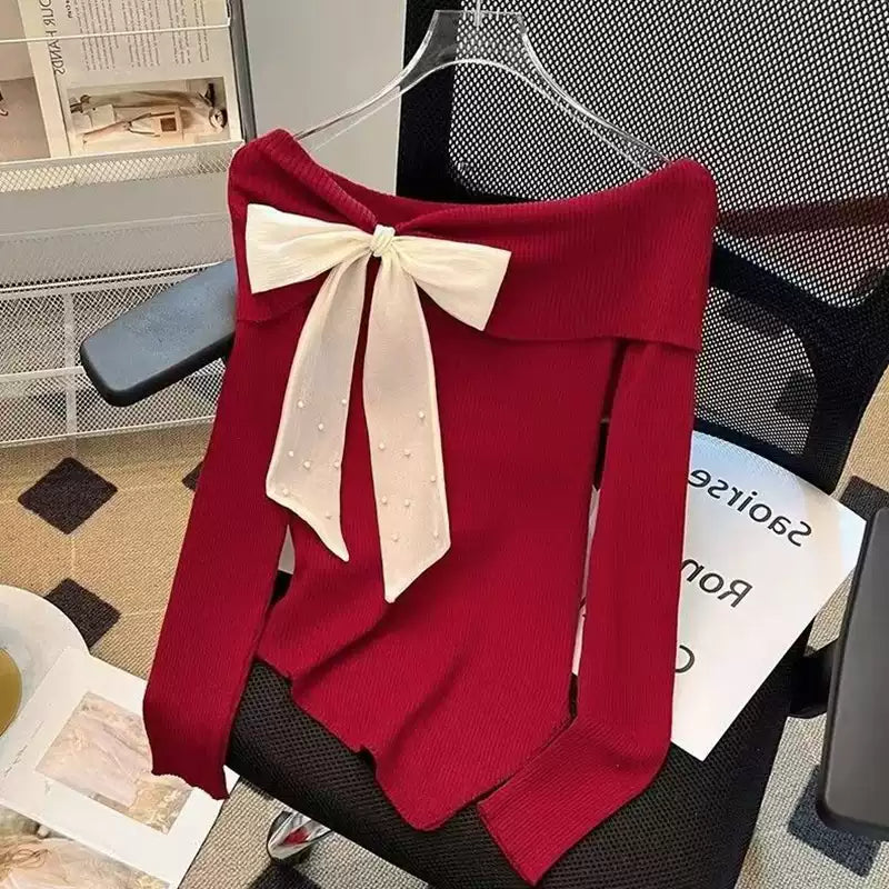 Plus Size Kawaii Japanese Off Shoulder Ribbon Sweater