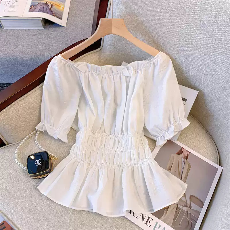 Plus Size Off Shoulder Scrunch Peplum Short Sleeve Top