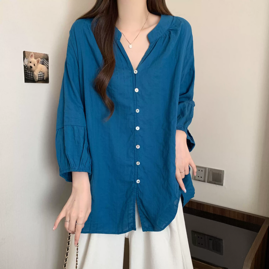 Plus Size Turquoise Notch Neck Loose Blouse