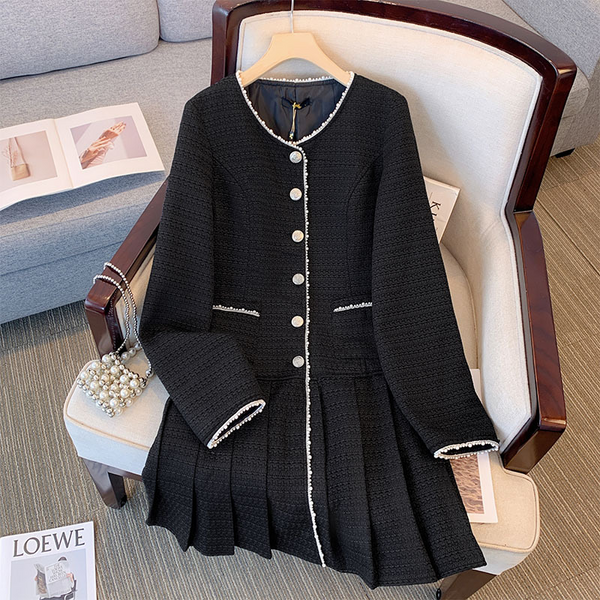 Plus Size Tweed Chaneleqsue Pleat Long Sleeve Dress (EXTRA BIG SIZE)