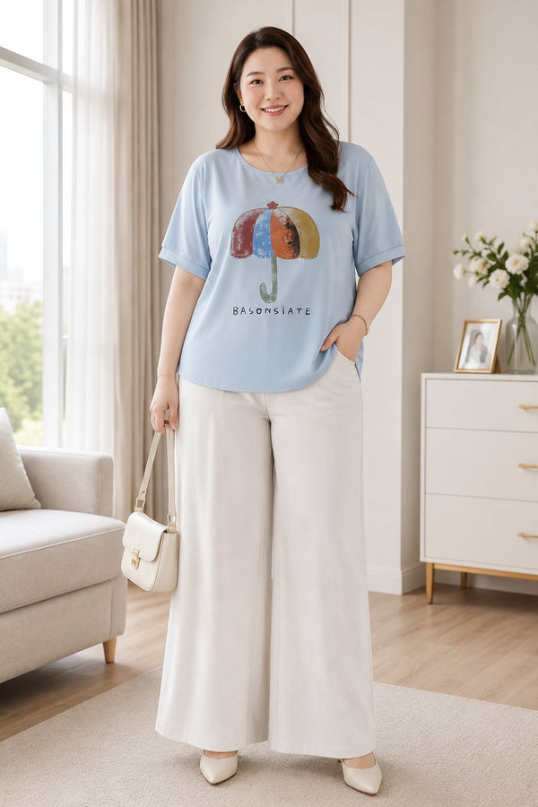 Plus size blue umbrella print loose fit blouse front view