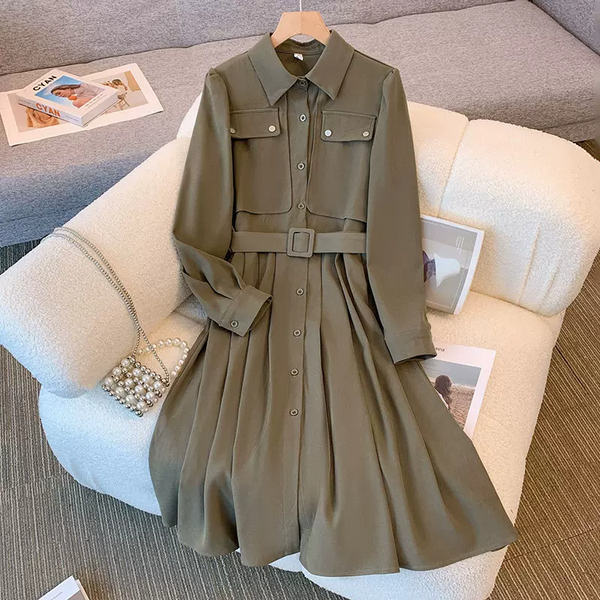 Plus Size Utility Pleat Long Sleeve Shirt Dress