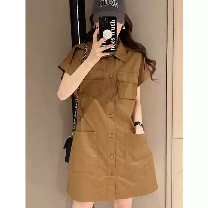 Plus Size Utility Short Sleeve Shirt Dress (EXTRA BIG SIZE)