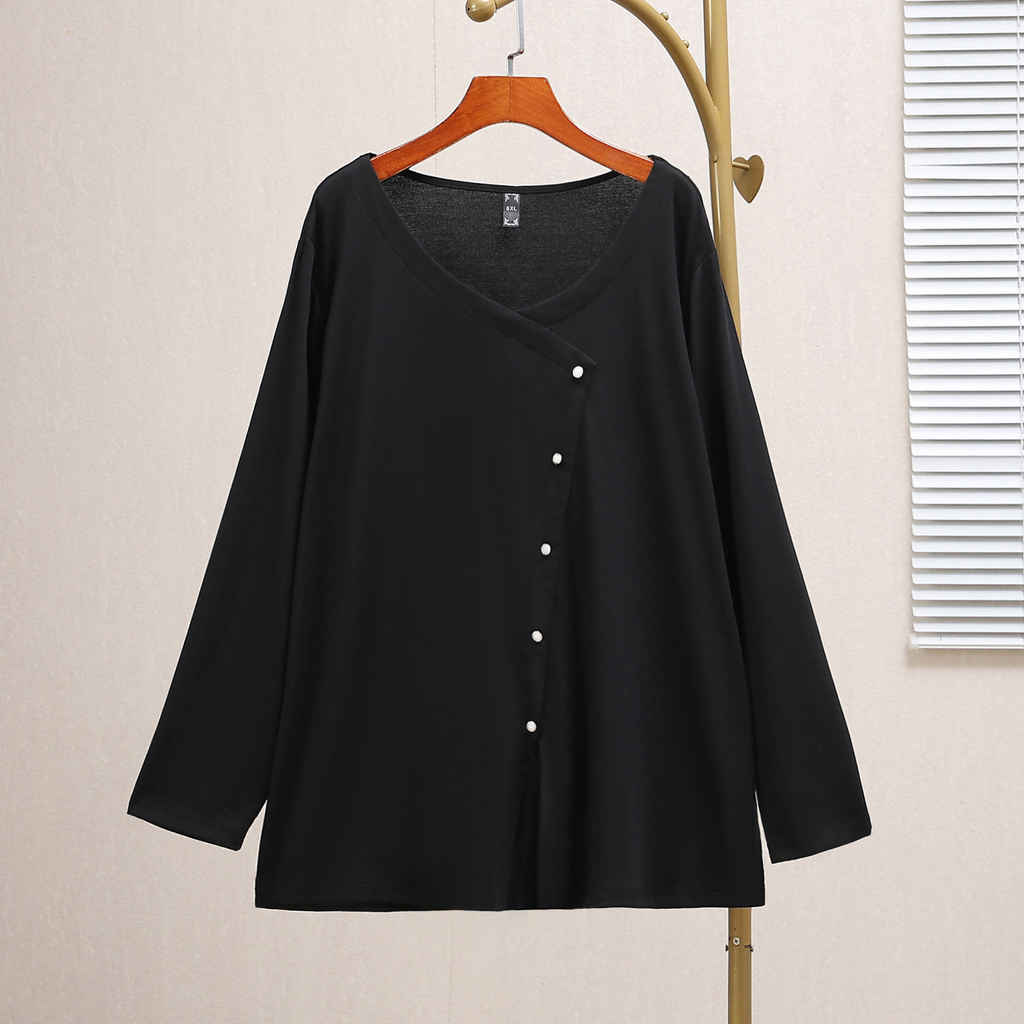 Plus Size V Neck Bias Buttons Long Sleeve Knit Top (Extra Big Size)