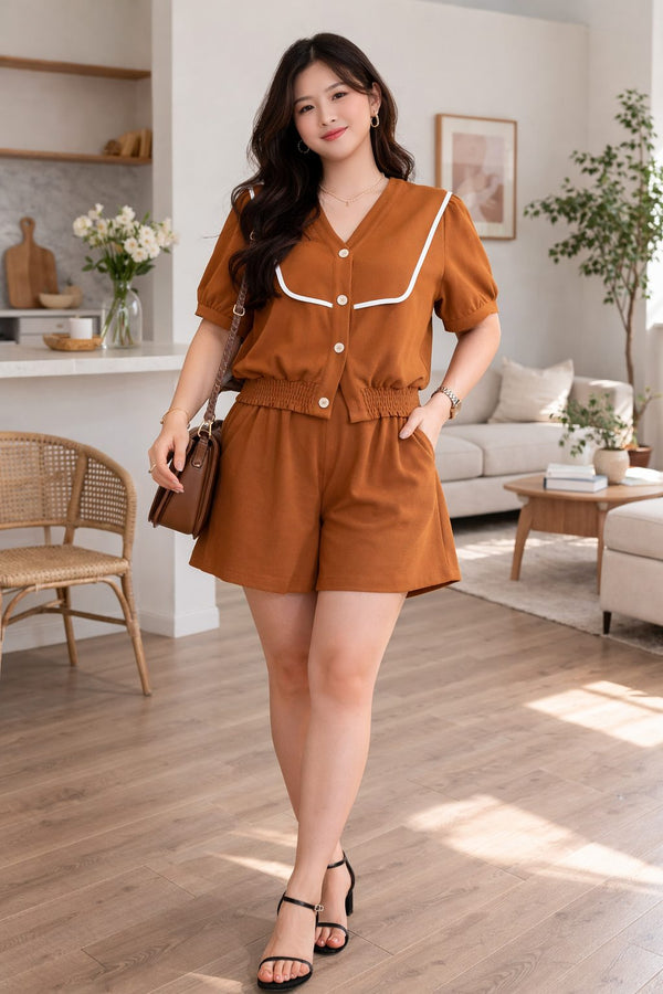 plus size brown v neck blouse shorts set front view