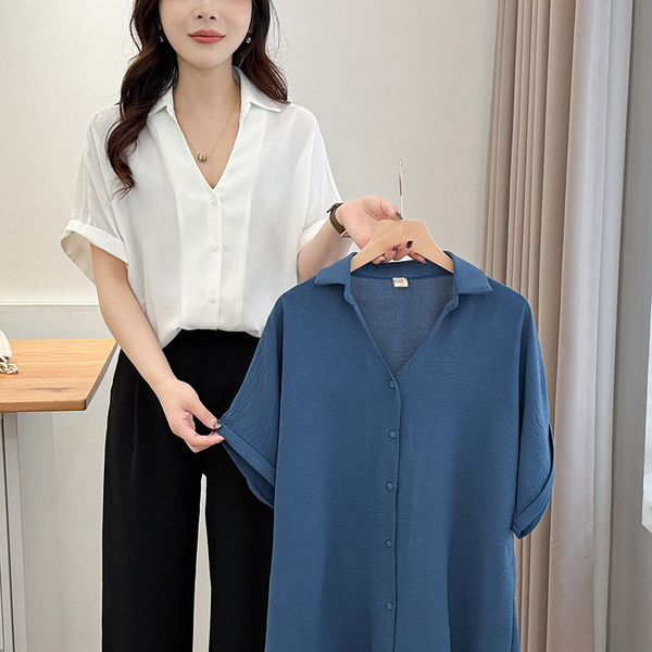 Plus Size V Neck Button Short Sleeve Shirt Blouse (EXTRA BIG)