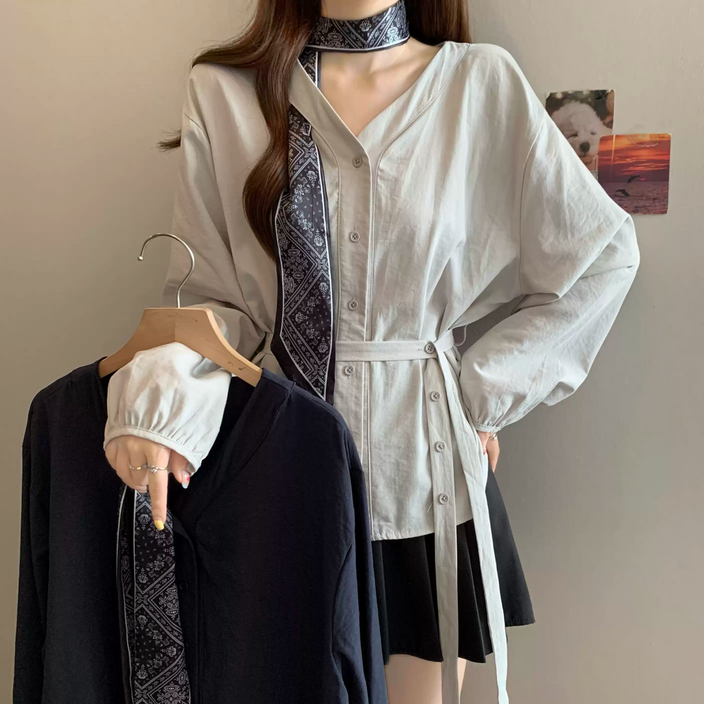 Plus Size V Neck Buttons Blouse With Scarf