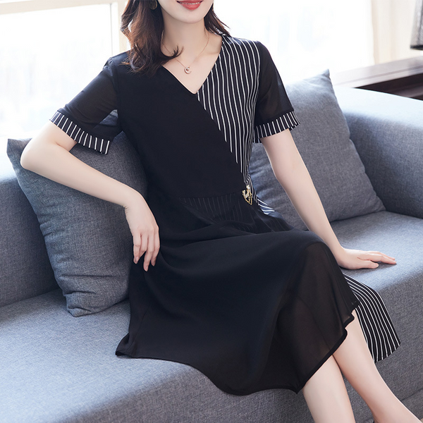 Plus Size V Neck Chiffon Office Dress