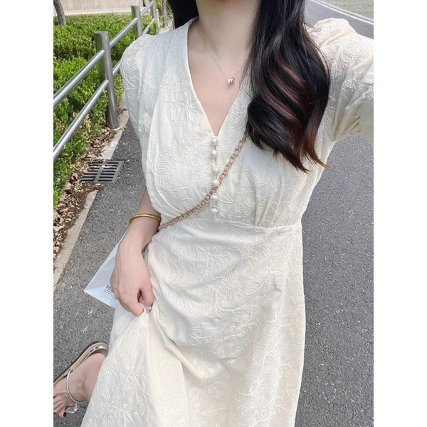 Plus Size V Neck Cream White Floral Midi Dress