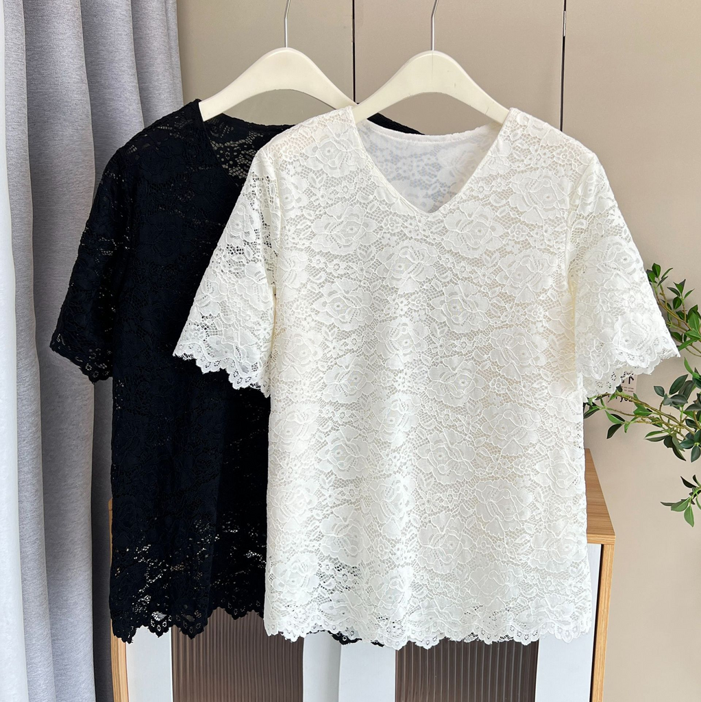 Plus Size V Neck Eyelash Lace Scallop Top