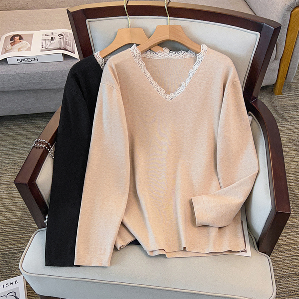 Plus Size V Neck Lace Knit Sweater (Extra Big Size)