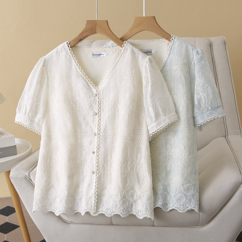 Plus Size V-Neck Pearl Buttons Short Sleeve Blouse