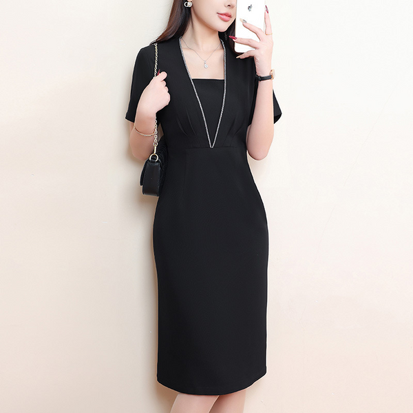 Plus Size V Neck Pencil Office Dress