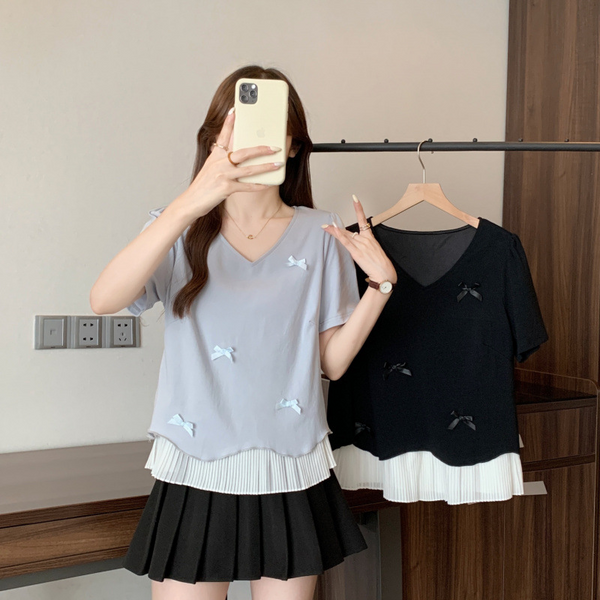 Plus Size V Neck Ribbon Pleat Blouse